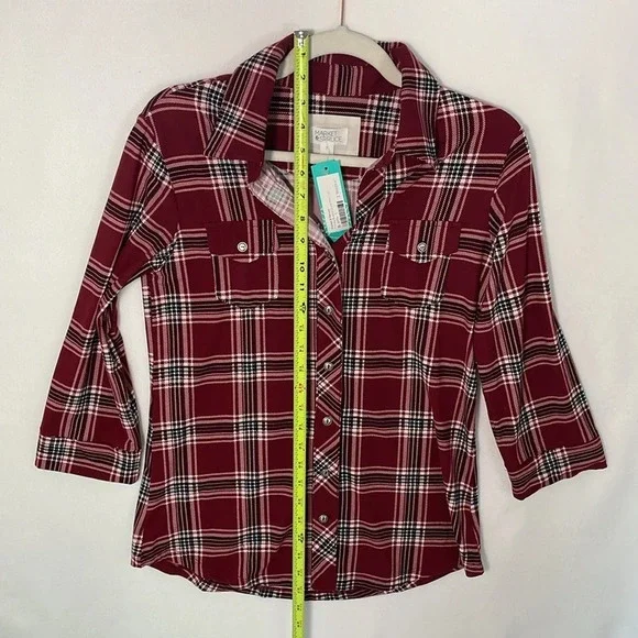 Market & Spruce Perrina Button Down Knit Top 3/4 Burgundy Plaid Women Size Small - Picture 6 of 11